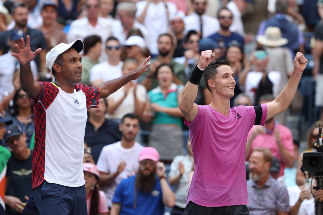 Joe Salisbury and Rajeev Ram celebrate winning the US Open 2022 men's doubles title