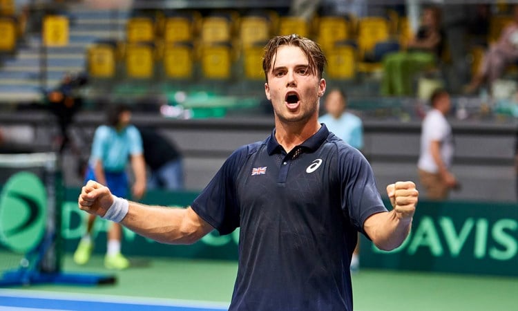 Arthur Fery celebrates getting his first Davis Cup victory against Poland