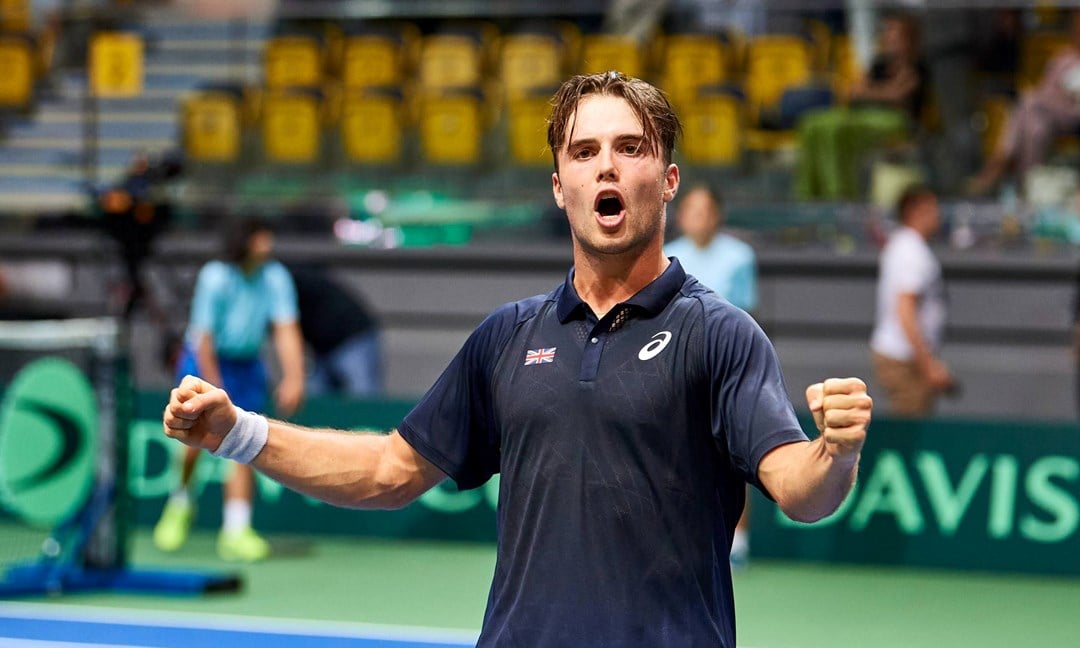 Arthur Fery celebrates getting his first Davis Cup victory against Poland