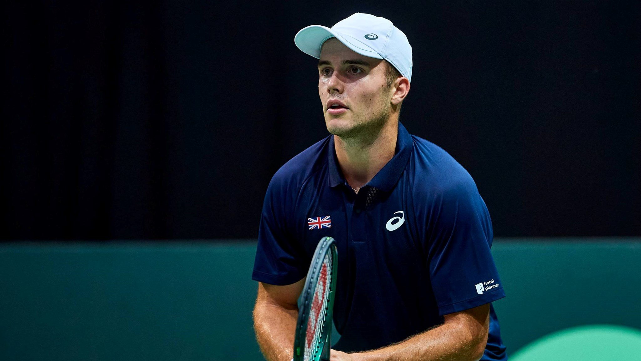 Arthur Fery getting ready to return a serve at the Davis Cup against Poland