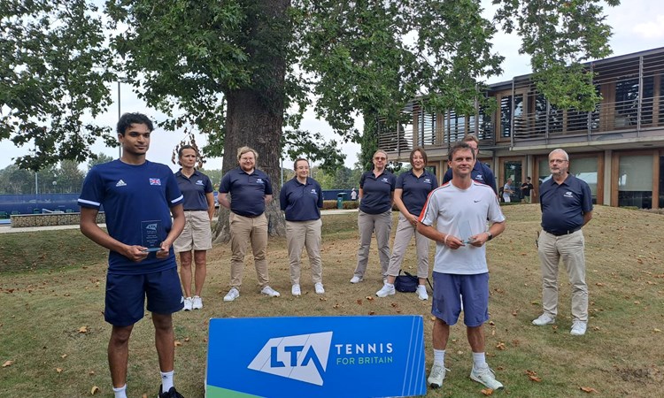 Esah Hayat (L) and Peter Wilcox (R) photographed during the trophy ceremony of the Men's Singles draw at the Deaf Tennis National Finals 2023.