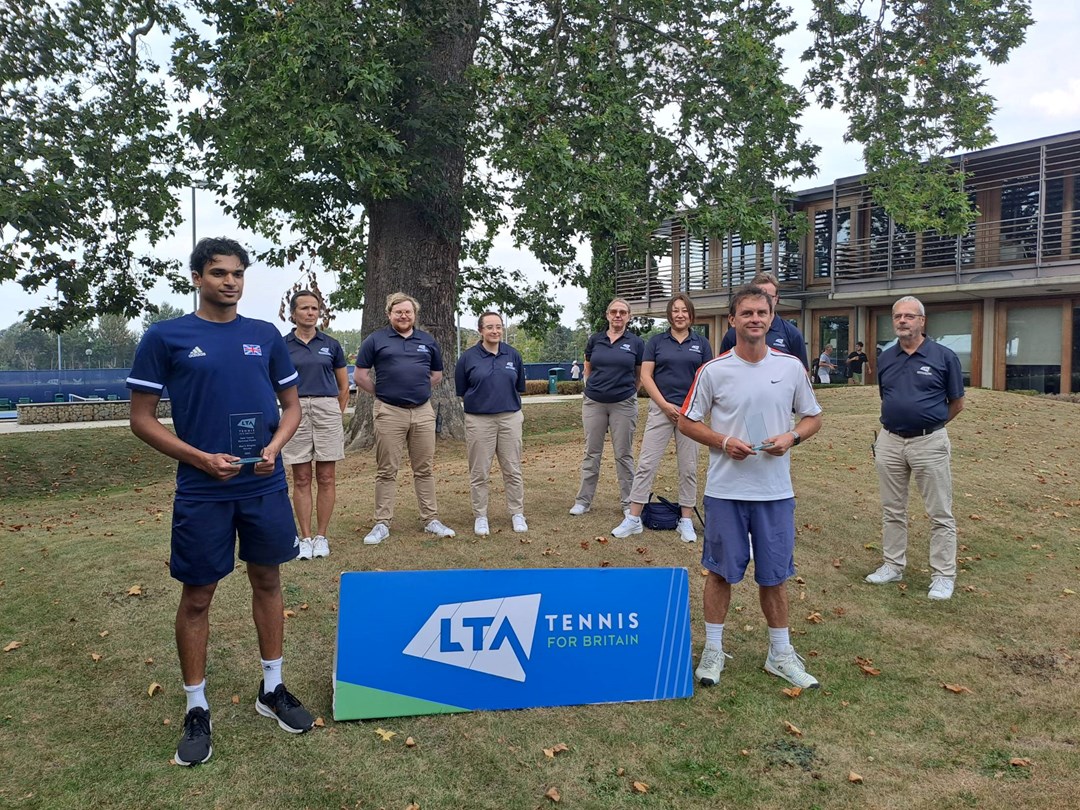 Esah Hayat (L) and Peter Wilcox (R) photographed during the trophy ceremony of the Men's Singles draw at the Deaf Tennis National Finals 2023.