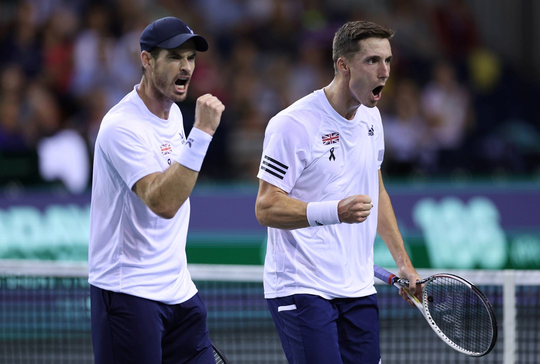 Andy Murray and Joe Salisbury celebrate winning a point at the Davis Cup Finals in 2022