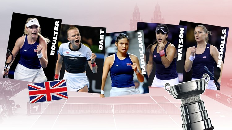 A graphic image of Katie Boulter, Harriet Dart, Emma Raducanu, Heather Watson and Olivia Nicholls as the Billie Jean King Cup Finals team