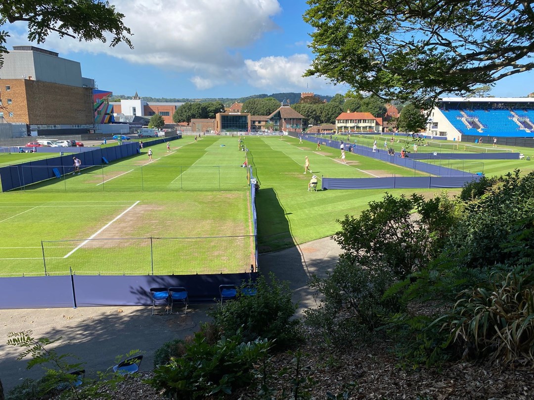 Grass tennis courts at Devonshire Park in Eastbourne for  the British Open Masters Grass Court Championships 2022