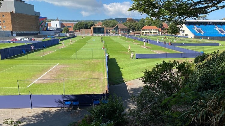 Grass tennis courts at Devonshire Park in Eastbourne for  the British Open Masters Grass Court Championships 2022