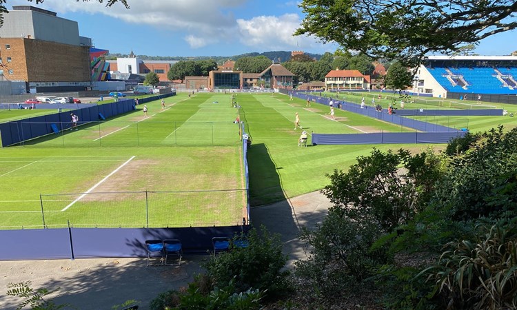 Grass tennis courts at Devonshire Park in Eastbourne for  the British Open Masters Grass Court Championships 2022