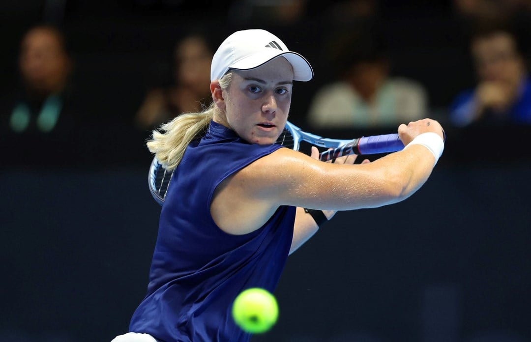 British tennis player Sonay Kartal hitting a backhand on court at the Billie Jean King Cup Finals in Shenzhen