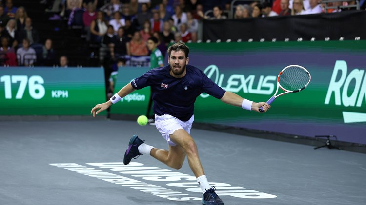 Cam Norrie stretches for a forehand in the Davis Cup tie with Netherlands