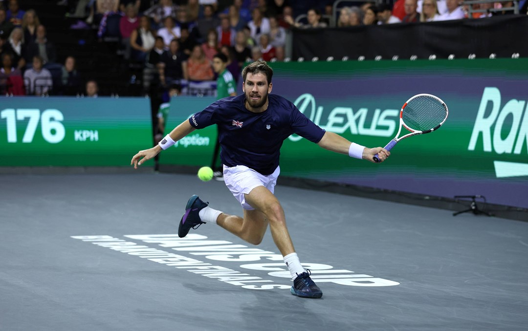 Cam Norrie stretches for a forehand in the Davis Cup tie with Netherlands
