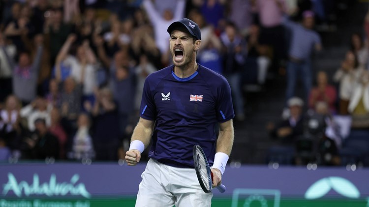 Andy Murray roars in celebration against USA at the Davis Cup