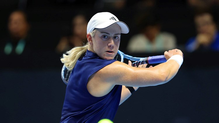 British tennis player Sonay Kartal hitting a backhand on court at the Billie Jean King Cup Finals in Shenzhen