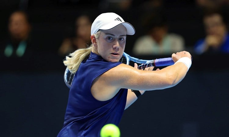 British tennis player Sonay Kartal hitting a backhand on court at the Billie Jean King Cup Finals in Shenzhen