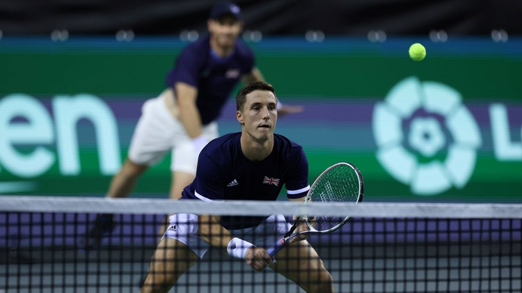 Joe Salisbury ready at the net against Netherlands at the Davis Cup