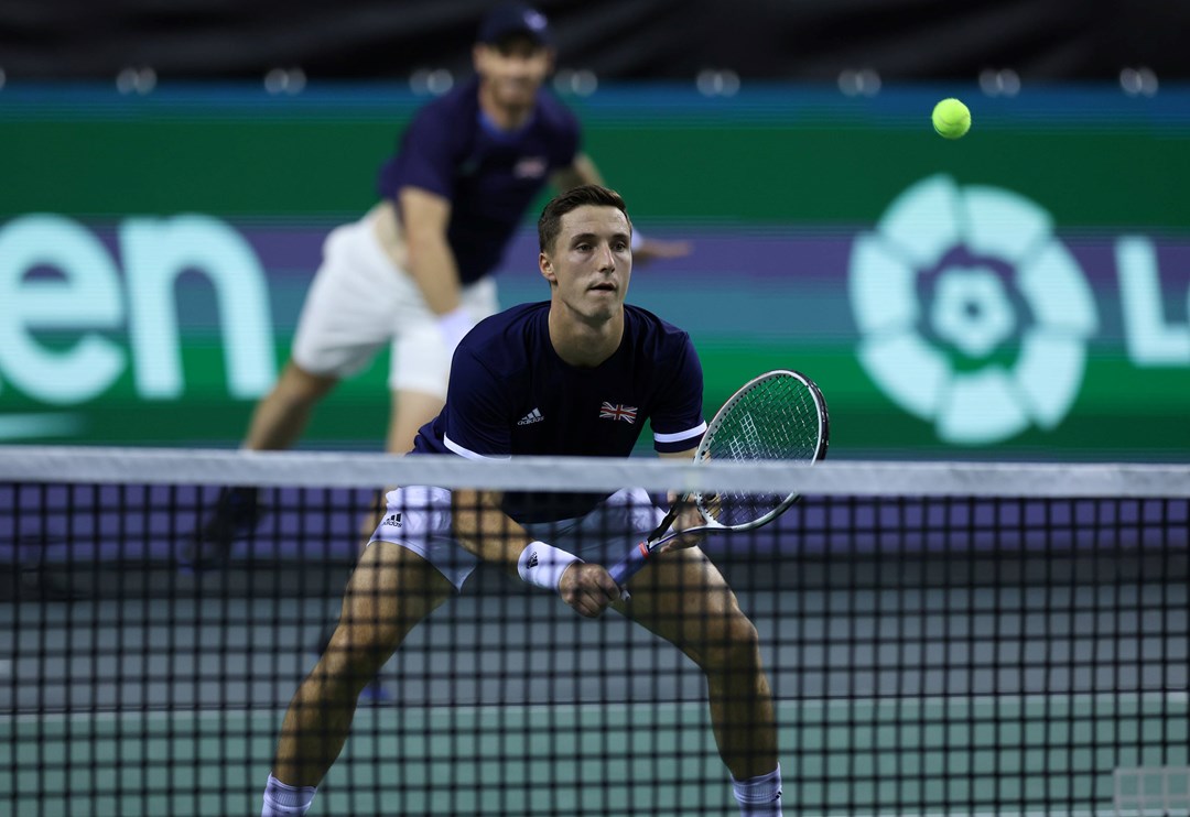 Joe Salisbury ready at the net against Netherlands at the Davis Cup