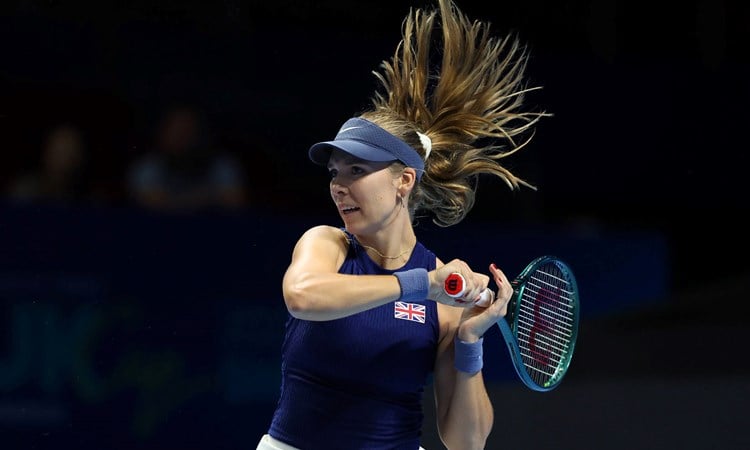Katie Boulter hits a forehand in the Billie Jean King Cup Finals against USA