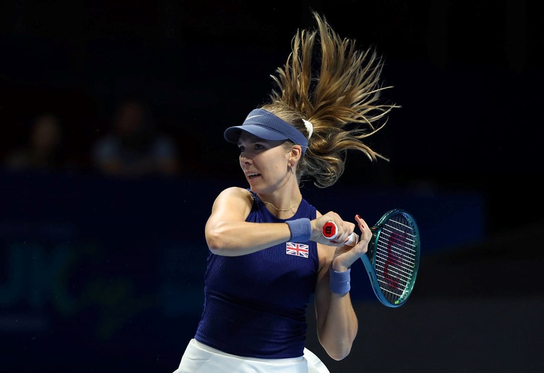 Katie Boulter hits a forehand in the Billie Jean King Cup Finals against USA