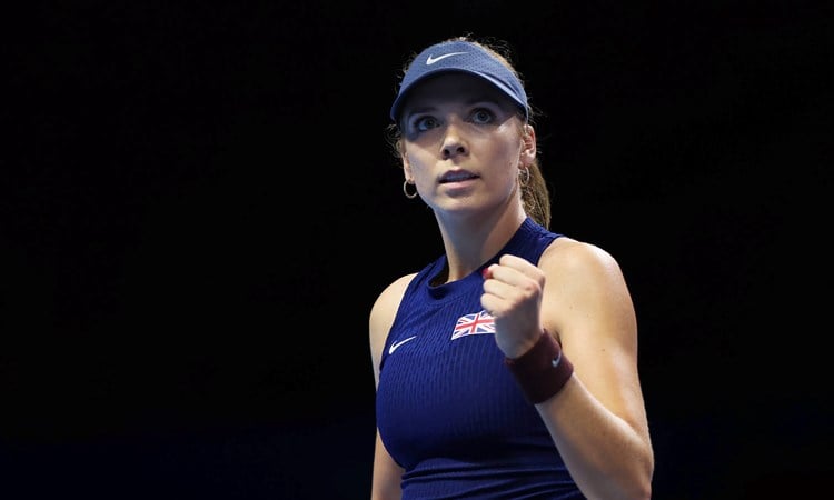 Katie Boulter gives a fist pump against Jessica Pegula at the Billie Jean King Cup Finals