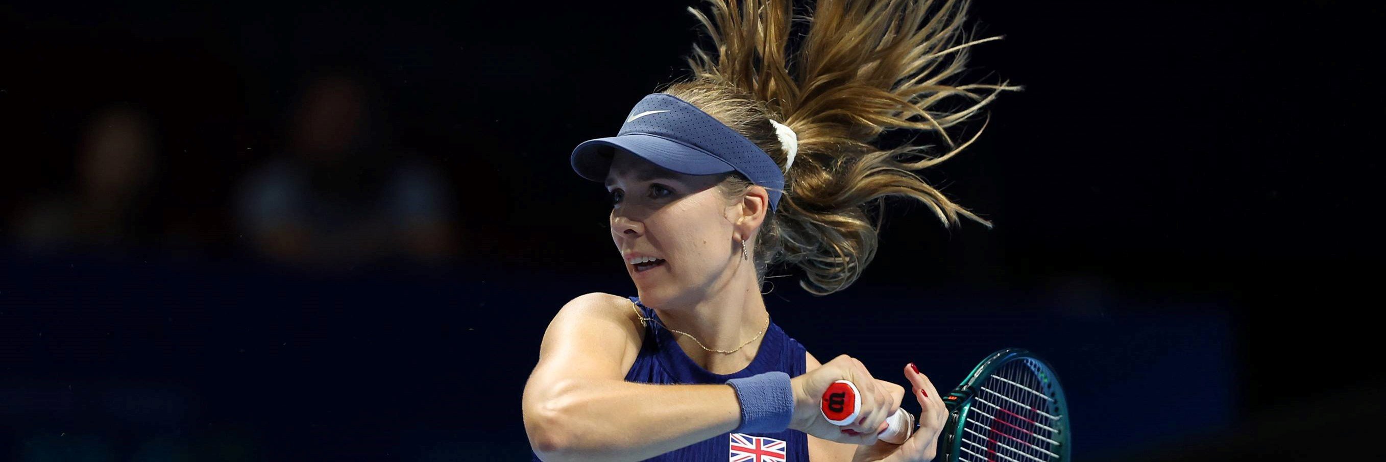 Katie Boulter hits a forehand in the Billie Jean King Cup Finals against USA