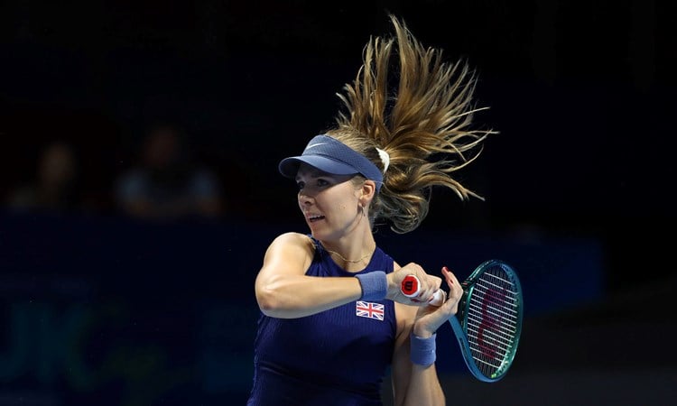 Katie Boulter hits a forehand in the Billie Jean King Cup Finals against USA