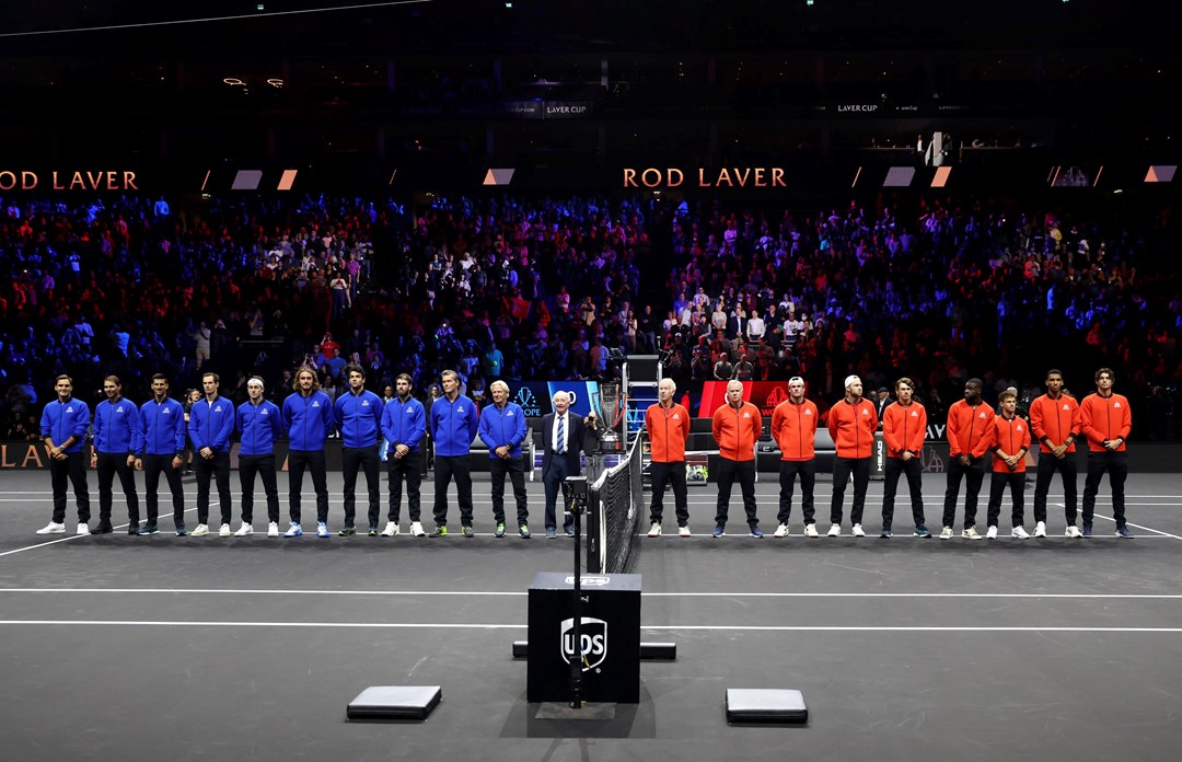 layers of Team Europe and Team World line up alongside Rod Laver and the Laver Cup trophy during Day One of the Laver Cup at The O2 Arena 