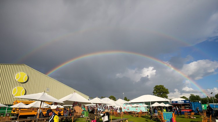 A double rainbow arching over the grounds of the Nottingham Tennis Centre during the grass court season