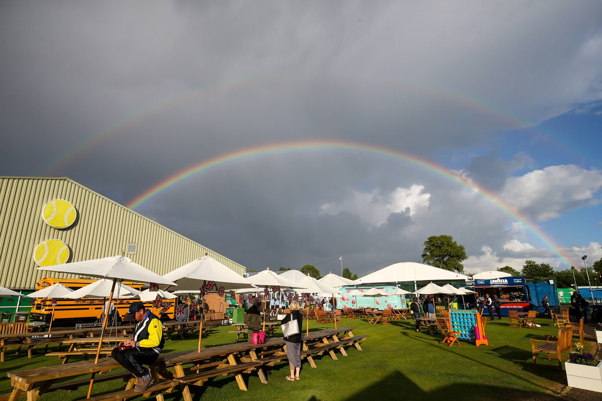 A double rainbow arching over the grounds of the Nottingham Tennis Centre during the grass court season