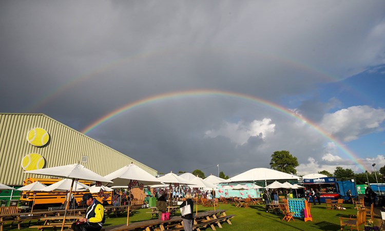 A double rainbow arching over the grounds of the Nottingham Tennis Centre during the grass court season