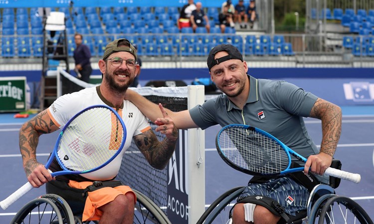 Australia's Heath Davidson and Britain's Andy Lapthorne smiling on court at the French Riviera Open