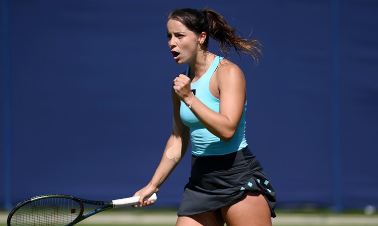 Jodie Burrage of Great Britain reacts against Petra Martic of Croatia in their Women's Singles First Round match during Day Three of Rothesay International Eastbourne at Devonshire Park