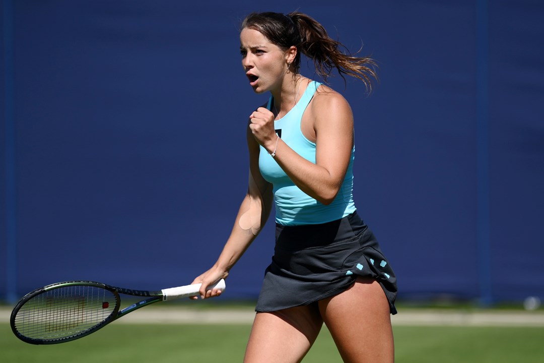 Jodie Burrage of Great Britain reacts against Petra Martic of Croatia in their Women's Singles First Round match during Day Three of Rothesay International Eastbourne at Devonshire Park