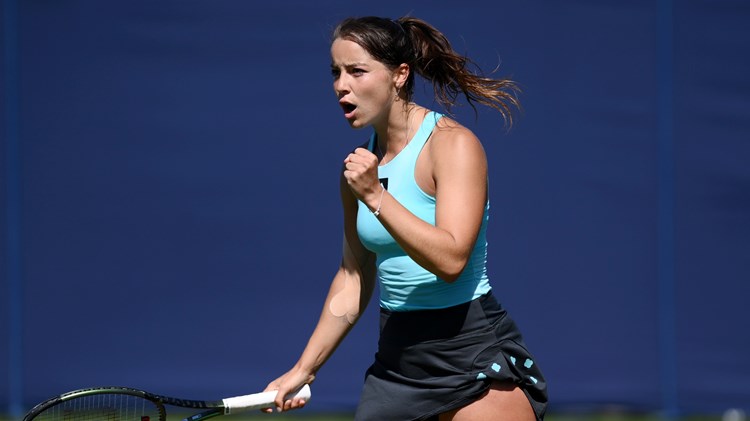 Jodie Burrage of Great Britain reacts against Petra Martic of Croatia in their Women's Singles First Round match during Day Three of Rothesay International Eastbourne at Devonshire Park