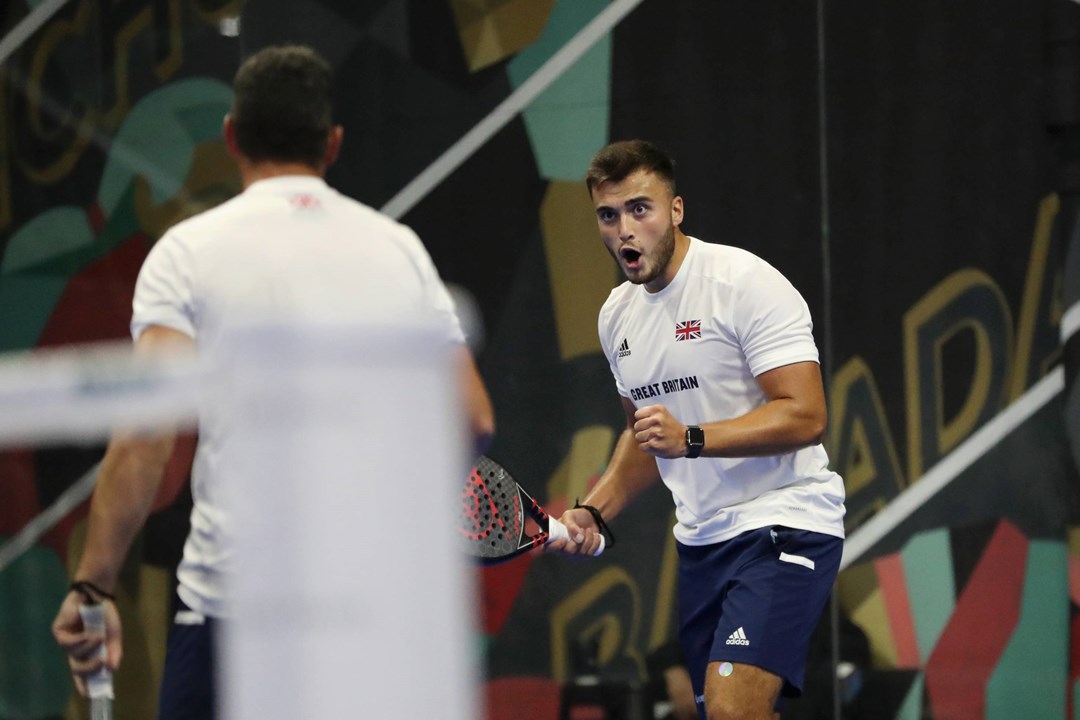 Louie Harris celebrates winning a point at the World Padel Championships qualifiers