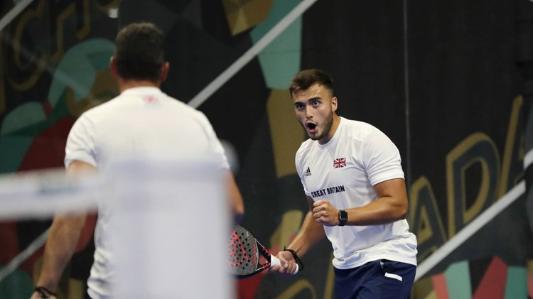 Louie Harris celebrates winning a point at the World Padel Championships qualifiers