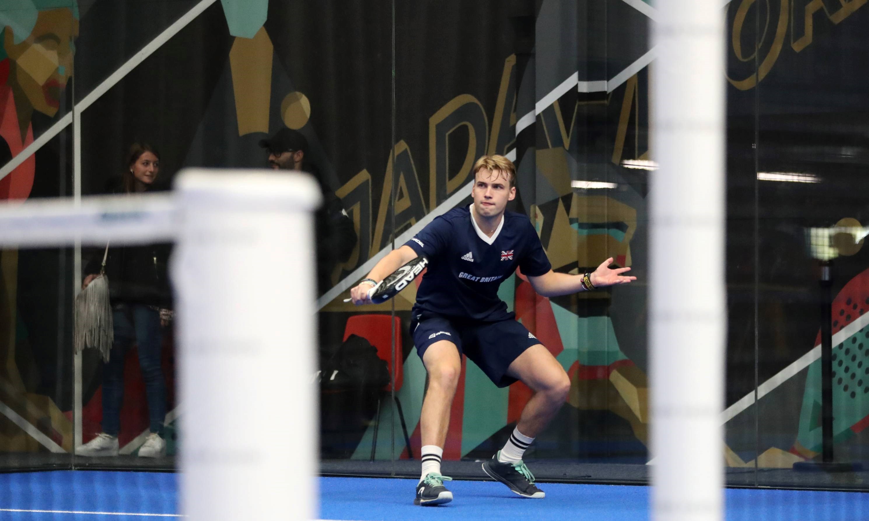 Sam Jones lines up a backhand at the World Padel Championships qualifiers