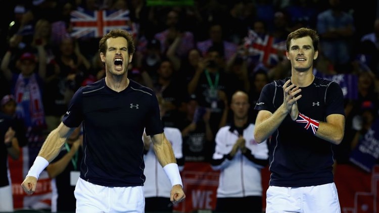 Andy and Jamie Murray celebrating at the Davis Cup Semi final