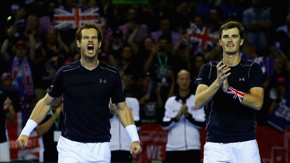 Andy and Jamie Murray celebrating at the Davis Cup Semi final