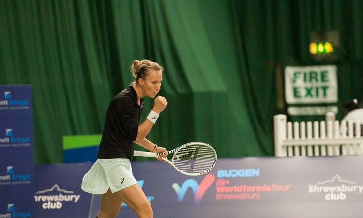 Viktorija Golubic celebrates winning a point at the Budgen W100 Shrewsbury