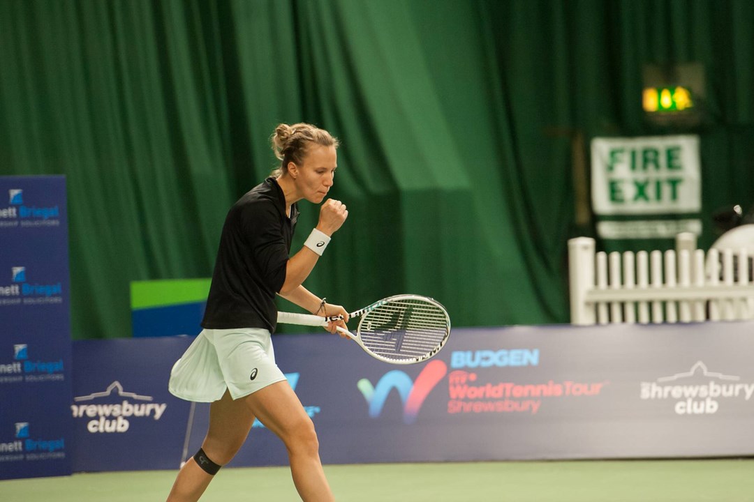 Viktorija Golubic celebrates winning a point at the Budgen W100 Shrewsbury