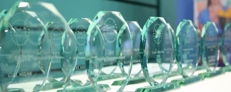 10 clear glass trophies with inscriptions for different awards placed on a table  