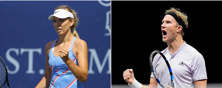 Two separate images of Katie Boulter and Dom Inglot celebrating winning a point