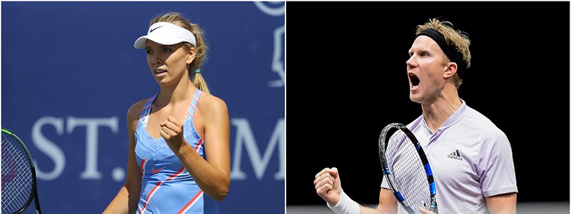 Two separate images of Katie Boulter and Dom Inglot celebrating winning a point