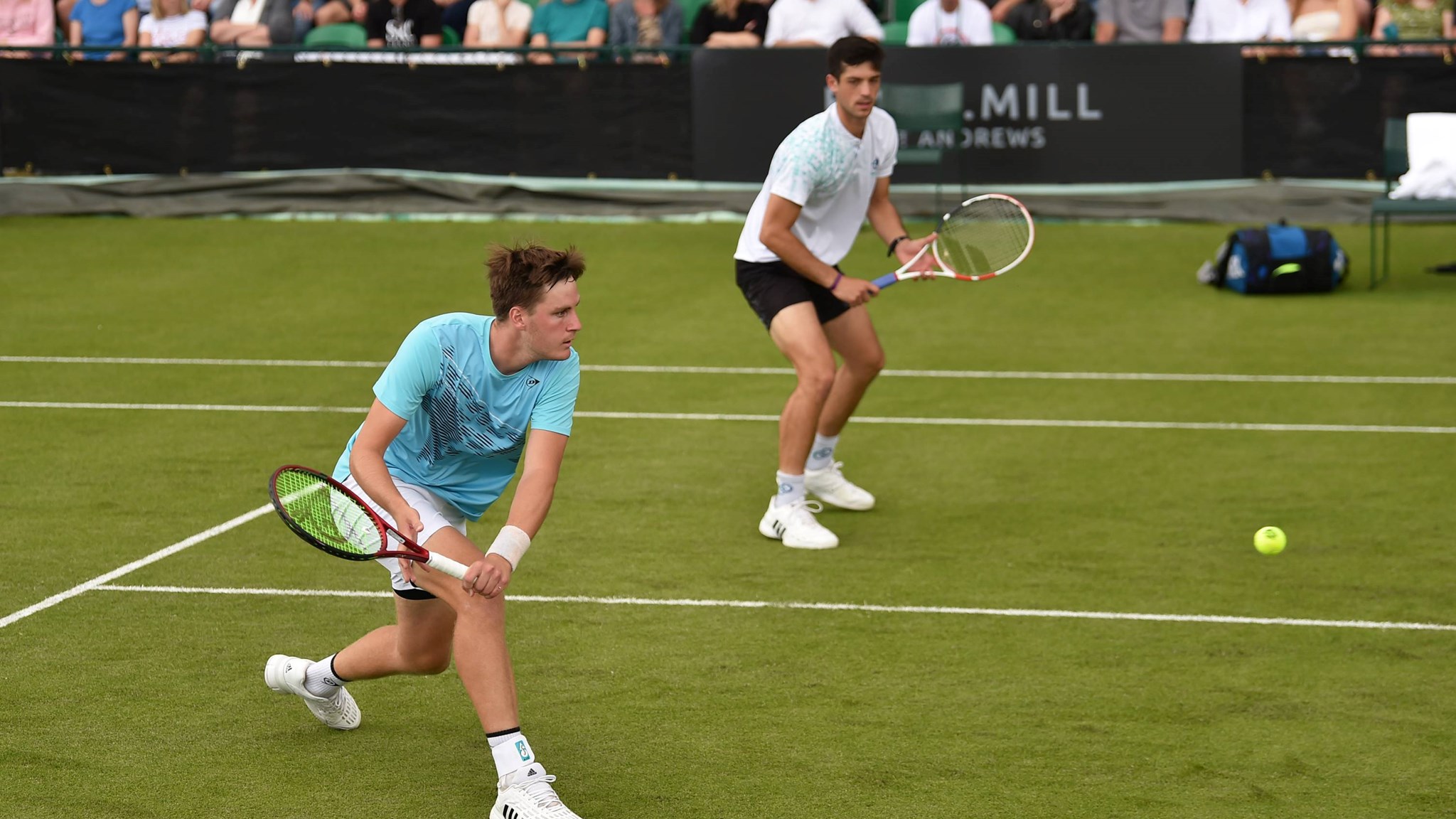 Henry Patten reacting during the men's doubles final of the 2022 Rothesay Open, Nottingham