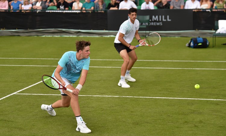 Henry Patten reacting during the men's doubles final of the 2022 Rothesay Open, Nottingham