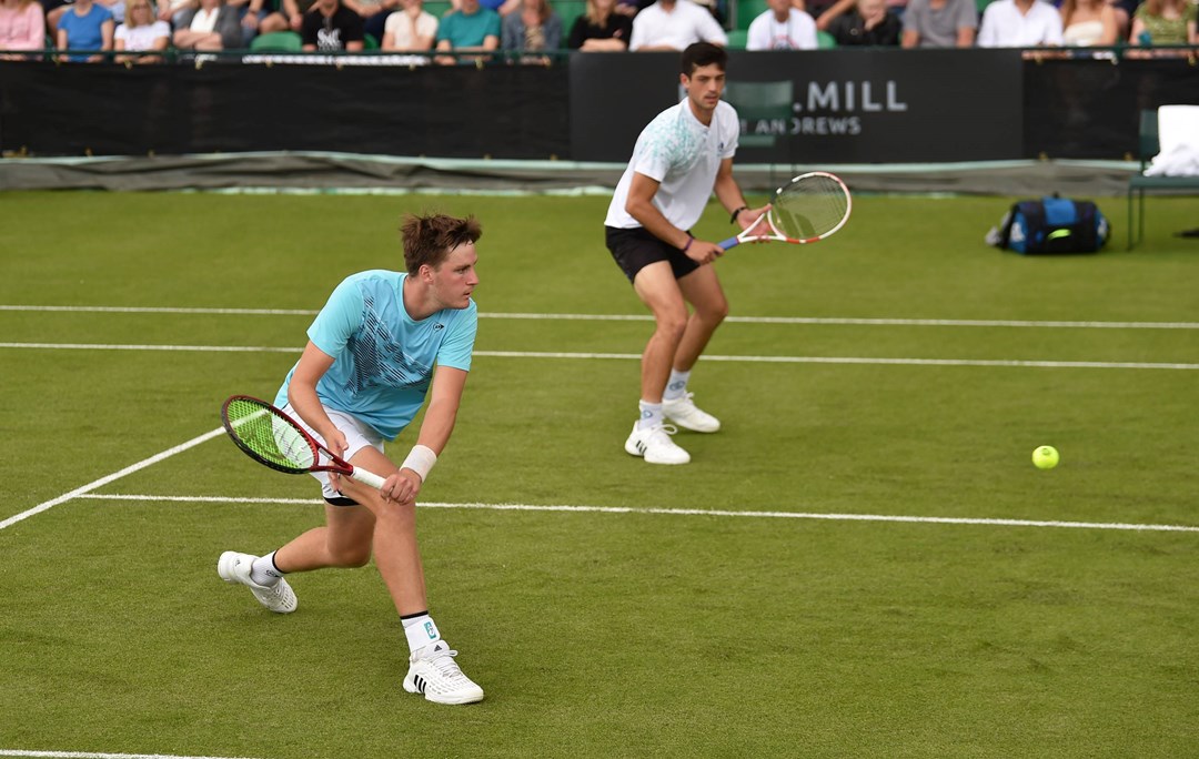 Henry Patten reacting during the men's doubles final of the 2022 Rothesay Open, Nottingham