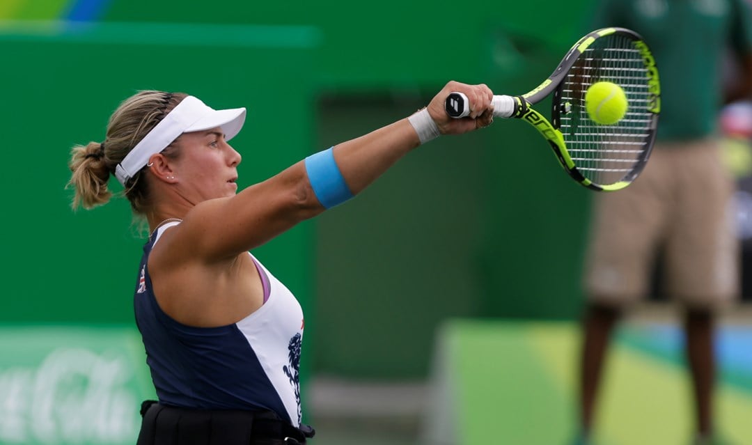 Lucy Shuker playing a tennis shot at the 2016 Rio Paralympics