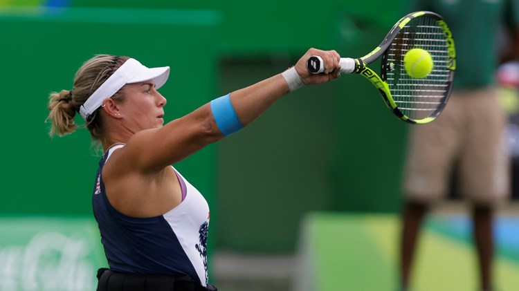 Lucy Shuker playing a tennis shot at the 2016 Rio Paralympics
