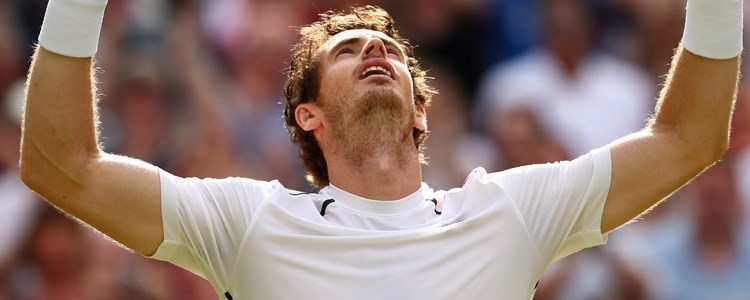 Andy Murray raising his arms after a tennis victory