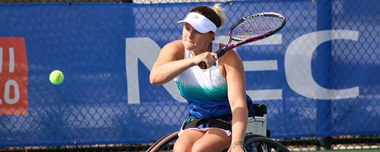 Jordanne Whiley hits a backhand at the 2019 NEC Wheelchair Singles