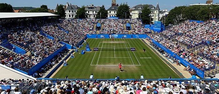 The Aegon International stadium with a full crowd on a sunny day